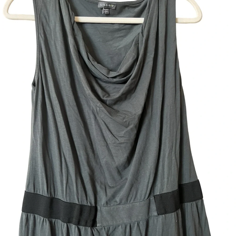 LILLA P. Slate Blue Cowl Neck Knit Tank Dress w/ Black Elastic Waistband